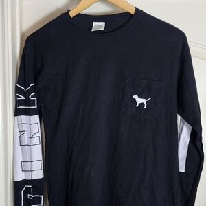 PINK Victoria's Secret Black Long Sleeve Pocket Tee with White Dog Logo